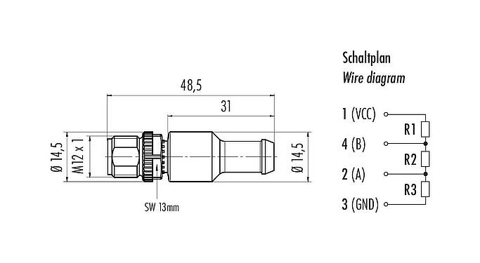 Scale drawing M12 Male terminating connector, Contacts: 4, unshielded, IP69K, Profibus, PUR