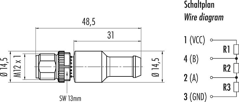 Scale drawing M12 Male terminating connector, Contacts: 4, unshielded, IP69K, Profibus, PUR