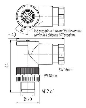 Scale drawing M12 Male angled connector, Contacts: 4, 6.0-8.0 mm, unshielded, screw clamp, IP67