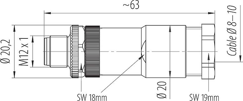 比例图 M12 直头针头电缆连接器, 极数: 2+PE, 8.0-10.0mm, 非屏蔽, 螺钉接线, IP67, UL 2238
