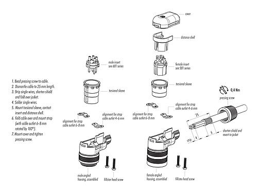 Assembly instructions M16 Male angled connector, Contacts: 6 (06-a), 6.0-8.0 mm, shieldable, solder, IP40