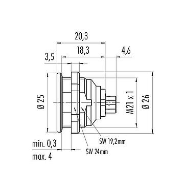Scale drawing Push Pull Male panel mount connector, Contacts: 7, unshielded, solder, IP67, M21x1,0, Front mounting