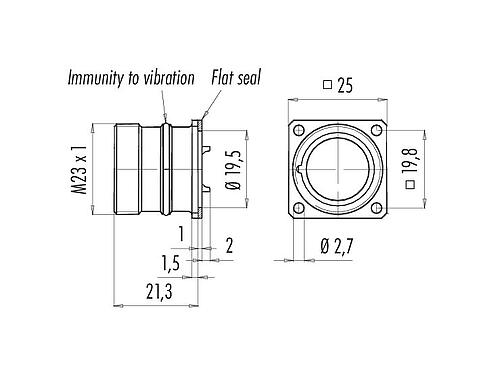Scale drawing 99 4603 00 09 - M23 Square male panel mount connector, Contacts: 9, unshielded, solder, IP67, front fastened