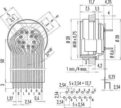 Connection & dimensions M16 Female panel mount connector, Contacts: 12 (12-a), unshielded, THT, IP67, M18x0,75, Rear mounting