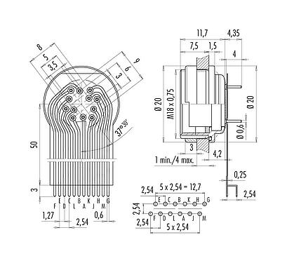 连接和尺寸 M16 孔头法兰座, 极数: 12 (12-a), 非屏蔽, THT, IP67, M18x0,75, 後壁安裝