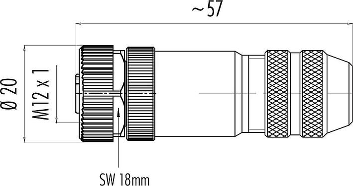 比例图 M12 直头孔头电缆连接器, 极数: 4, 6.0-8.0mm, 可接屏蔽, 螺钉接线, IP67, UL 2238, 带防护环