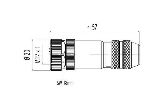 比例图 M12 直头孔头电缆连接器, 极数: 4, 6.0-8.0mm, 可接屏蔽, 螺钉接线, IP67, UL 2238, 带防护环