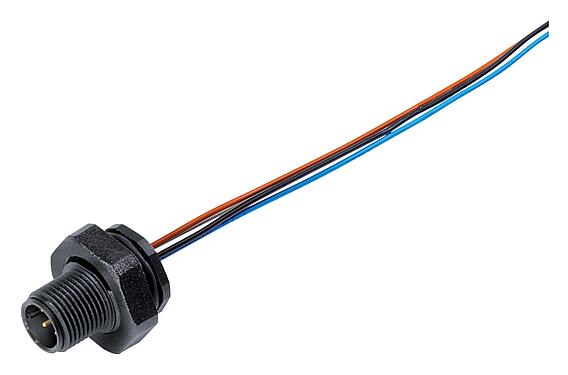 插图 M12 针头法兰座, 极数: 12, 非屏蔽, 带导线, IP67, M16x1.5, 後壁安裝, 模压成型