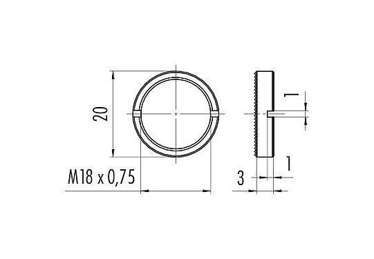 比例图 01 0010 001 - M16 IP67 - 用于安装螺纹的环形螺母，带滚花螺母；423/425/723系列。