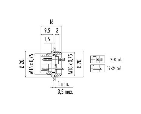 Scale drawing 09 0197 00 24 - M16 Male panel mount connector, Contacts: 24, unshielded, solder, IP40