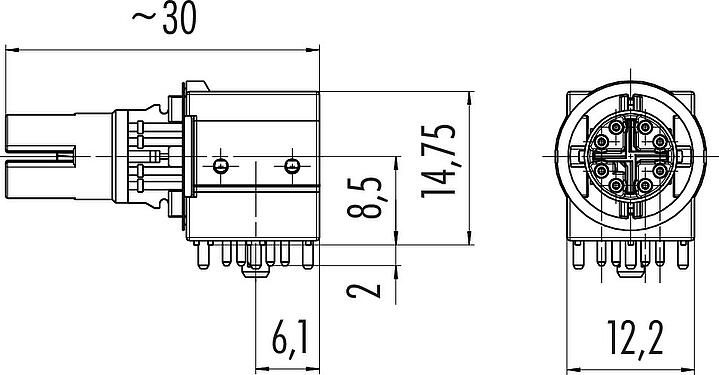 比例图 M12 插针主体, 极数: 8, 可接屏蔽, THT, IP67, UL