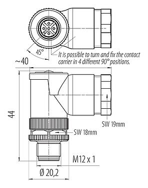 Scale drawing M12 Male angled connector, Contacts: 5, 2.1-3.0 mm (2 cable) or 4-5 mm (2 cable), unshielded, screw clamp, IP67, UL 2238