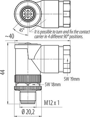 比例图 M12 弯角针头电缆连接器, 极数: 5, 2.1-3.0 mm (2 电缆) 或者 4-5 mm (2 电缆), 非屏蔽, 螺钉接线, IP67, UL 2238