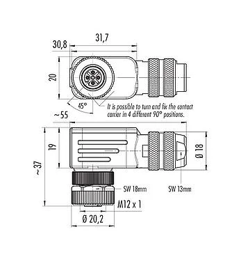 Scale drawing M12 Female angled connector, Contacts: 4, 6.0-8.0 mm, shieldable, screw clamp, IP67, UL 2238, with shielding ring