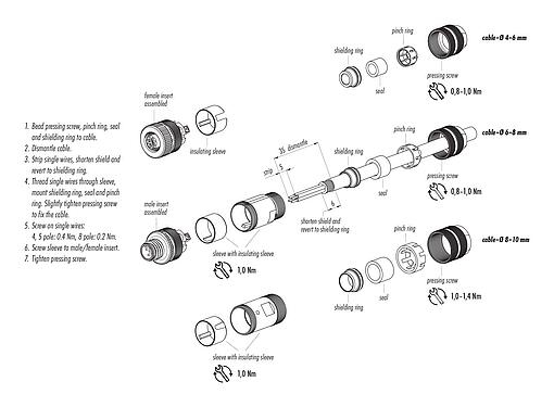 Assembly instructions M12 Male cable connector, Contacts: 8, 6.0-8.0 mm, shieldable, screw clamp, IP67, UL 2238, with shielding ring