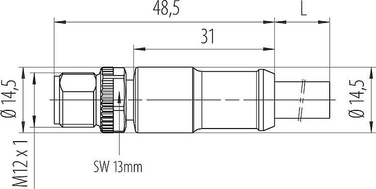 比例图 M12 直头针头电缆连接器, 极数: 4, 非屏蔽, 预铸电缆, IP68, UL 2238, PUR, 黑色, 4x1.50mm², 5m