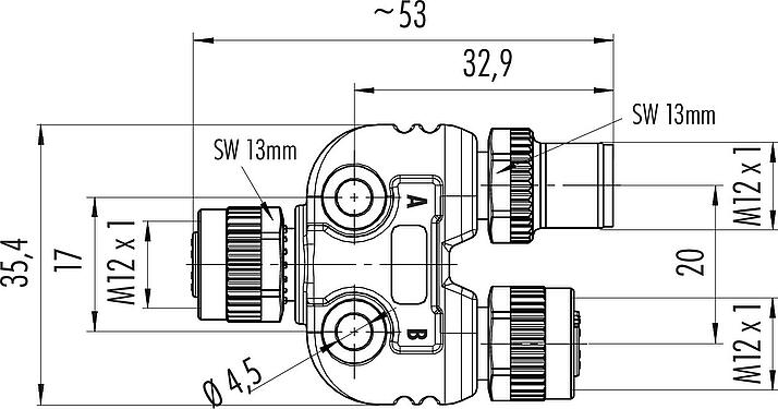 Scale drawing M12 Twin distributors, Y-distributor, male connector - 2 female connector, Contacts: 4, unshielded, pluggable, IP68, UL 2238