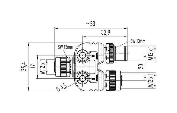 Scale drawing M12 Twin distributors, Y-distributor, male connector - 2 female connector, Contacts: 4, unshielded, pluggable, IP68, UL 2238
