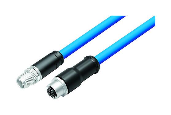 Illustration M12 Connecting cable male cable connector - female cable connector, Contacts: 8, shielded, moulded on the cable, IP67, M12x1.0, E-beam X-FRNCL/LSNH, blue, 2 m