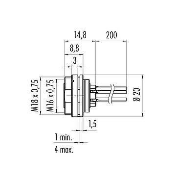 Scale drawing M16 Female panel mount connector, Contacts: 6 (06-a), unshielded, single wires, IP40, M18x0,75, Rear mounting