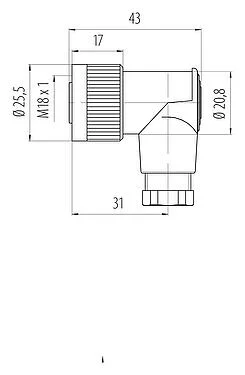 比例图 M18 弯角孔头电缆连接器, 极数: 4, 6.5-8.0mm, 非屏蔽, 螺钉接线, IP67