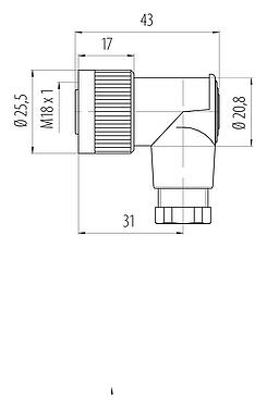比例图 09 0440 00 04 - M18 弯角孔头电缆连接器, 极数: 4, 6.5-8.0mm, 非屏蔽, 螺钉接线, IP67