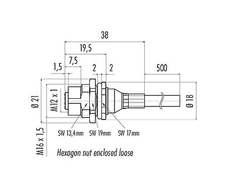 Scale drawing M12 Female panel mount connector, Contacts: 5, shielded, with cable assembled, IP68, M16x1.5, PUR, black, 5 x 0.25 mm², Rear mounting, 0.5 m