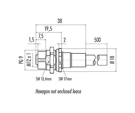 比例图 M12 孔头法兰座, 极数: 8, 屏蔽, 法兰座带电缆, IP68, PG 9, PUR, 8x0.25mm², 後壁安裝, 0.5m