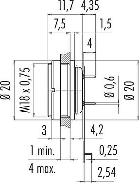 Scale drawing M16 Female panel mount connector, Contacts: 12 (12-a), unshielded, THT, IP67, M18x0,75, Rear mounting