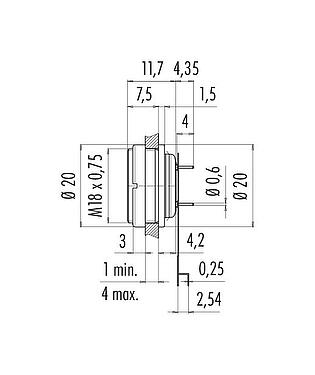比例图 M16 孔头法兰座, 极数: 12 (12-a), 非屏蔽, THT, IP67, M18x0,75, 後壁安裝