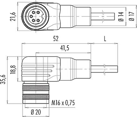 Scale drawing M16 Female angled connector, Contacts: 5 (05-a), shielded, moulded on the cable, IP67, PUR, black, 5 x 0.25 mm², 2 m