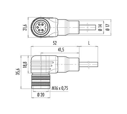 Scale drawing M16 Female angled connector, Contacts: 5 (05-a), shielded, moulded on the cable, IP67, PUR, black, 5 x 0.25 mm², 2 m