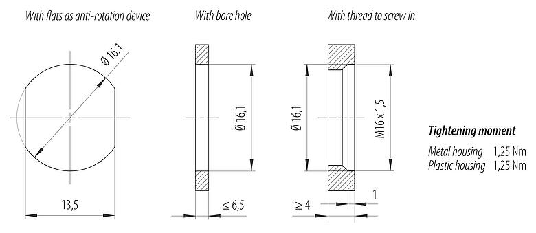安装说明 M12 孔头法兰座, 极数: 5, 非屏蔽, 带导线, IP68, UL 2238, M16x1.5, 後壁安裝, 可从板前拧紧, 模压成型