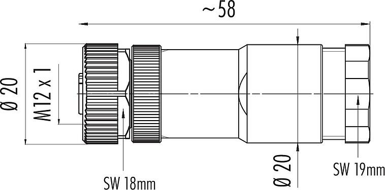 比例图 M12 双出口孔头带电缆连接器, 极数: 8, 2.1-3.0 mm (2 电缆) 或者 4-5 mm (2 电缆), 非屏蔽, 螺钉接线, IP67, UL 2238