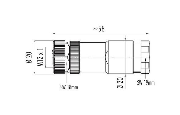 Scale drawing M12 Female cable duo connector, Contacts: 4, 2.1-3.0 mm (2 cable) or 4-5 mm (2 cable), unshielded, screw clamp, IP67, UL 2238