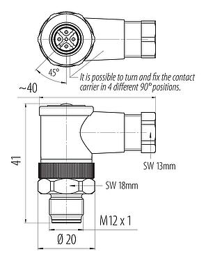 比例图 M12 弯角针头电缆连接器, 极数: 5, 4.0-6.0mm, 非屏蔽, 螺钉接线, IP67, UL 2238