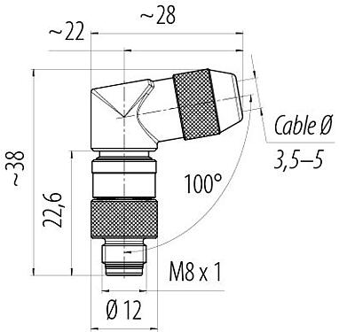 Scale drawing M8 Male angled connector, Contacts: 4, 3.5-5.0 mm, shieldable, solder, IP67, UL 2238