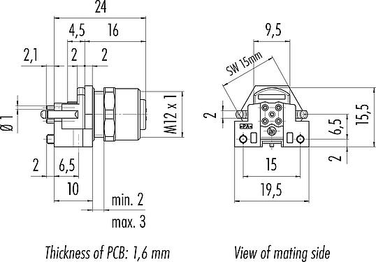 Scale drawing M12 Female panel mount connector, Contacts: 5, unshielded, THR, IP68, UL 2238, M12x1.0, Front mounting, for PCB assembly