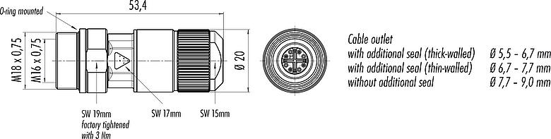 比例图 M16 直头孔头电缆连接器, 极数: 8, 5.5-9.0mm, 可接屏蔽, IDC, IP67