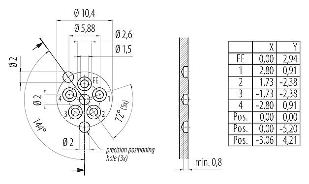 Conductor layout 99 0641 10 05 - M12 Male panel mount connector, Contacts: 4+FE, unshielded, THR, IP67, UL 2238, M16x1.5, Front mounting