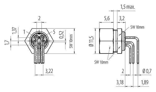Connection & dimensions 09 0098 72 05 - M9 Female angled panel mount connector, Contacts: 5, unshielded, THT, IP40