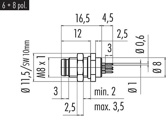 Scale drawing M8 Male panel mount connector, Contacts: 8, unshielded, THT, IP67, UL 2238, M8x1.0, Rear mounting, potted
