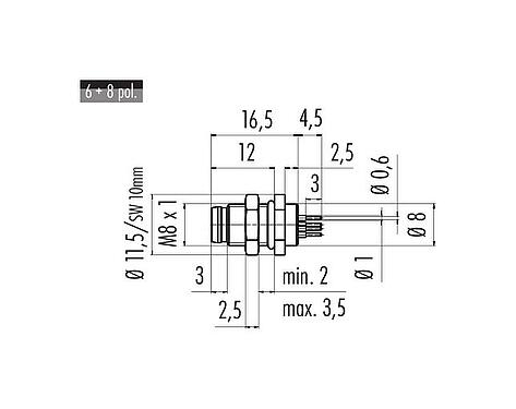 Scale drawing 86 6119 1100 00006 - M8 Male panel mount connector, Contacts: 6, unshielded, THT, IP67, UL, Front mounting