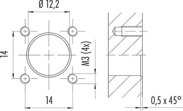 安装说明 M12 孔头方型法兰座, 极数: 8, 非屏蔽, 带导线, IP40, UL 2238, M3 (4x), 板前安装, 模压成型