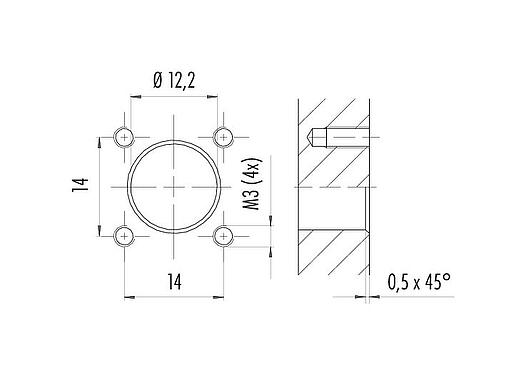 安装说明 M12 针头方型法兰座, 极数: 8, 非屏蔽, 带导线, IP40, UL 2238, M3 (4x), 板前安装, 模压成型