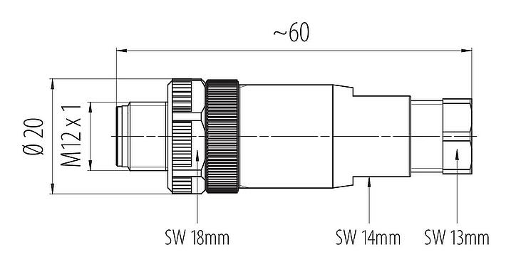 Scale drawing M12 Male cable connector, Contacts: 5, 4.0-6.0 mm, unshielded, screw clamp, IP67