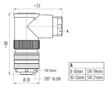 比例图 7/8" 弯角孔头电缆连接器, 极数: 4+PE, 10.0-12.0mm, 非屏蔽, 螺钉接线, IP67, UL 2238, VDE