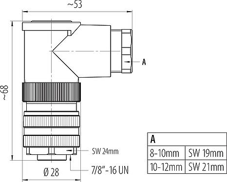 Scale drawing 7/8" Female angled connector, Contacts: 3+PE, 10.0-12.0 mm, unshielded, screw clamp, IP67, UL 2238, VDE