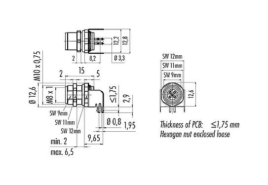 Scale drawing M8 Female panel mount connector, Contacts: 4, shieldable, THT, IP67, M8x1.0, Rear mounting, potted