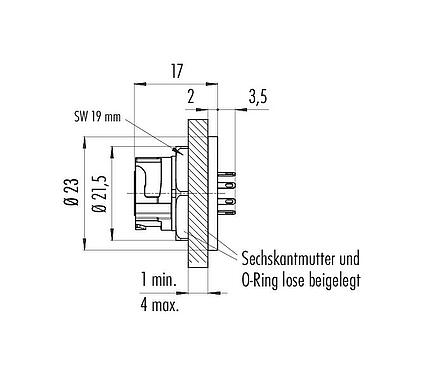 Scale drawing 09 0774 580 08 - Bayonet Female panel mount connector, Contacts: 8, unshielded, solder, IP67 when unplugged as well, front fastened